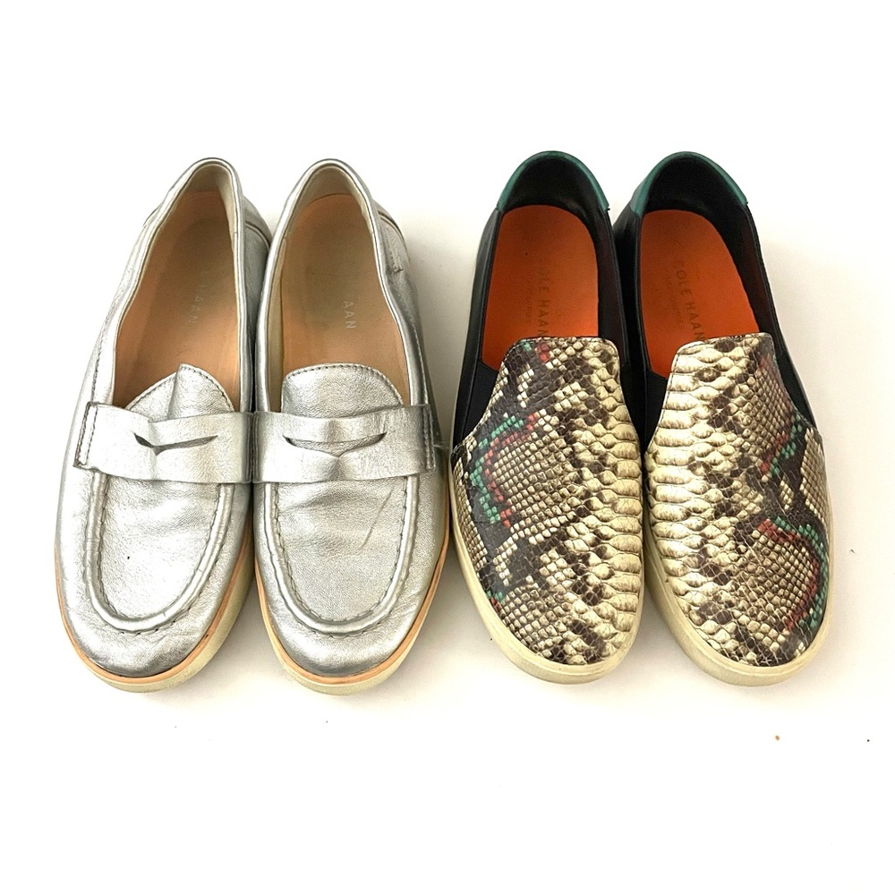 Two Pairs Cole Haan Leather Loafers, Silver Loafers, GrandPro, Casual Summer, 8